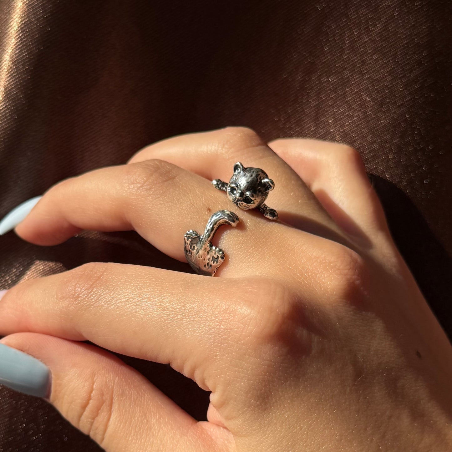 Adjustable handmade silver cat ring