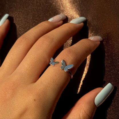 Handmade adjustable silver ring with twin butterflies