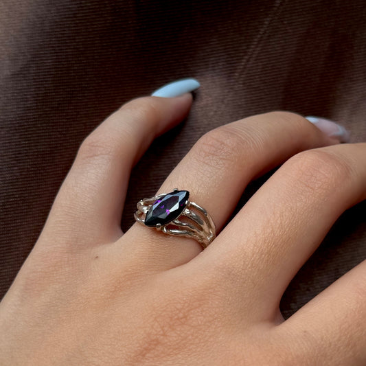 Handmade silver ring with marquise-cut cubic zirconia