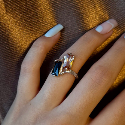 Handmade silver ring with two baguette-cut cubic zirconia stones (different colors)