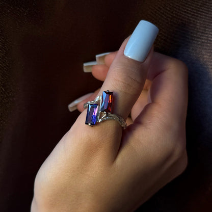 Handmade silver ring with two baguette-cut cubic zirconia stones (different colors)