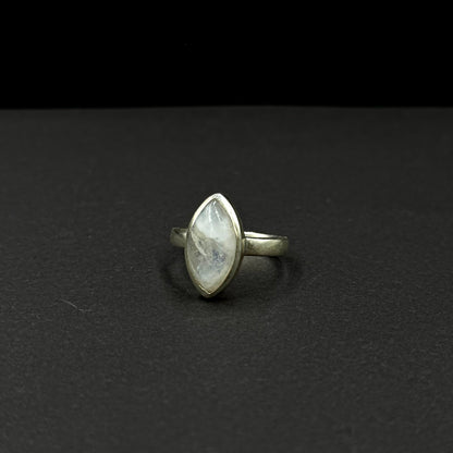 Sterling silver ring with a marquise-cut natural moonstone