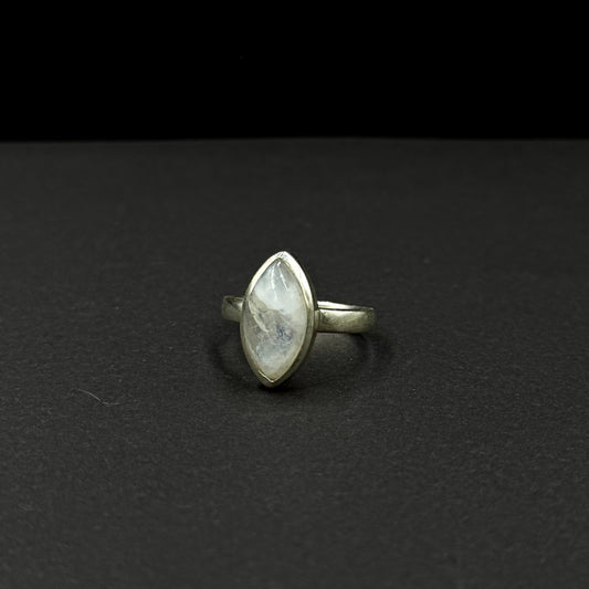 Sterling silver ring with a marquise-cut natural moonstone