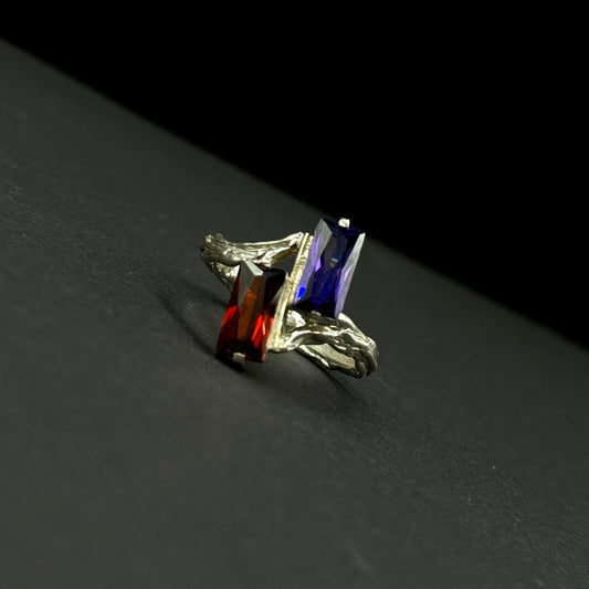 Handmade silver ring with two baguette-cut cubic zirconia stones (different colors)