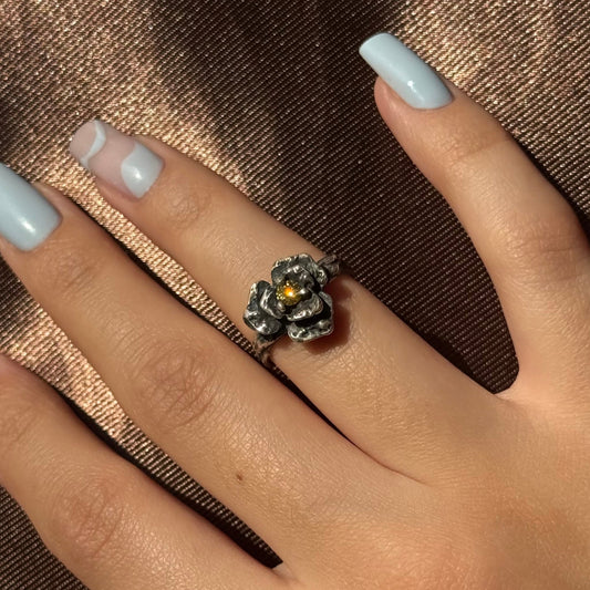 Handmade silver rose ring with a cubic zirconia stone