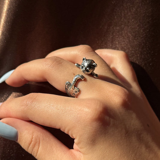 Adjustable handmade silver cat ring