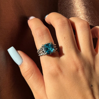 Handmade silver ring with square-cut cubic zirconia
