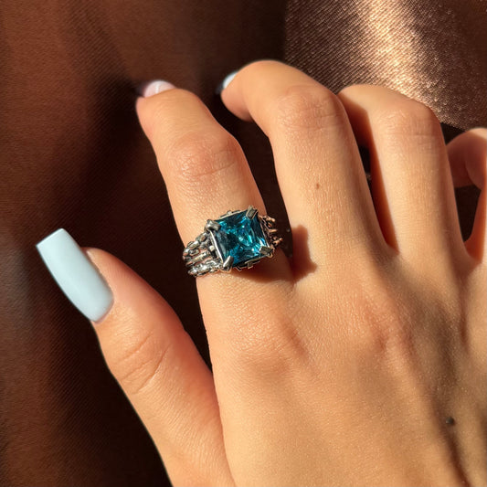 Handmade silver ring with square-cut cubic zirconia