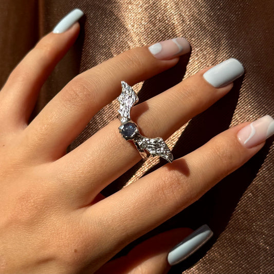 Handmade silver wing rings with natural gemstones