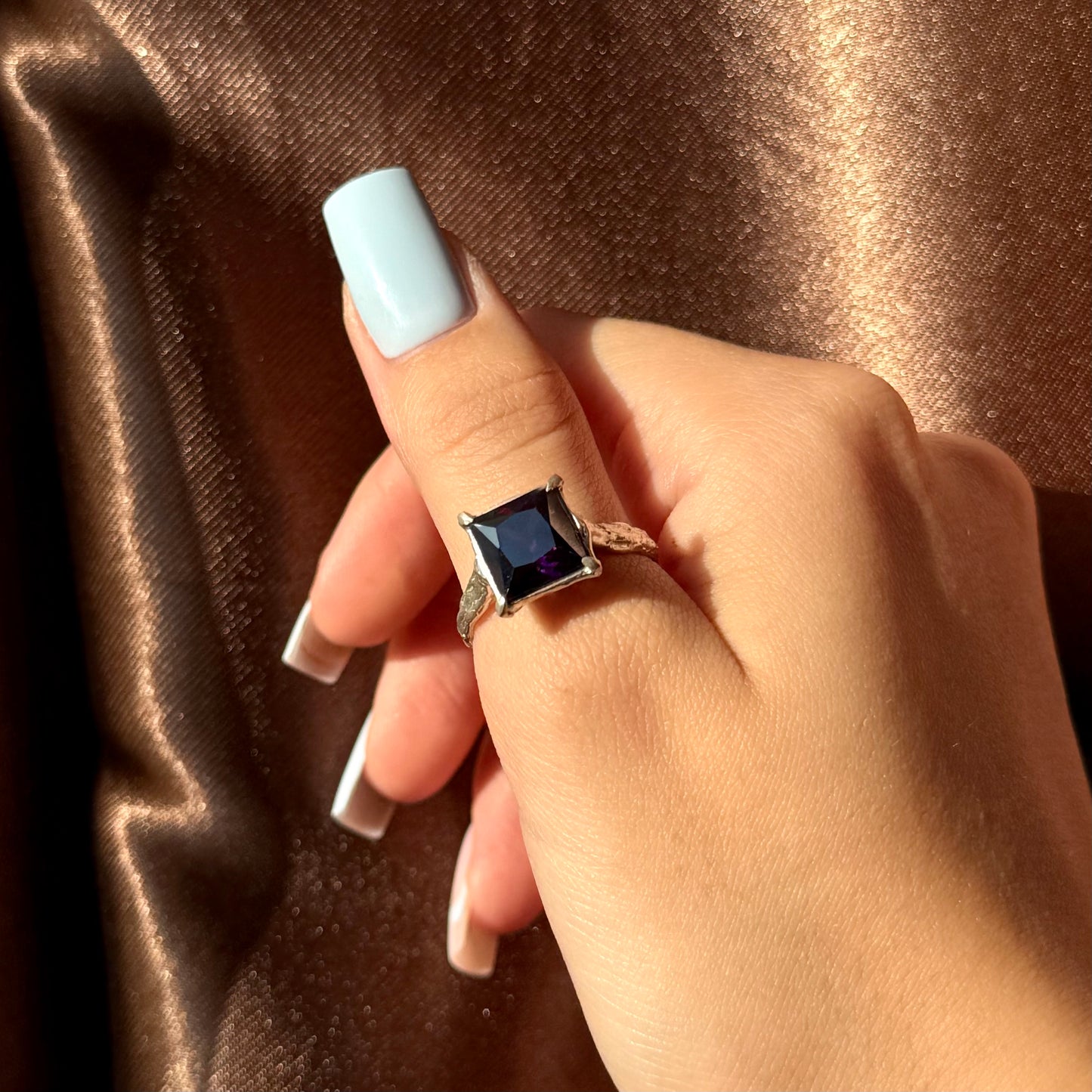 Handmade silver ring with square-cut cubic zirconia (different colors)