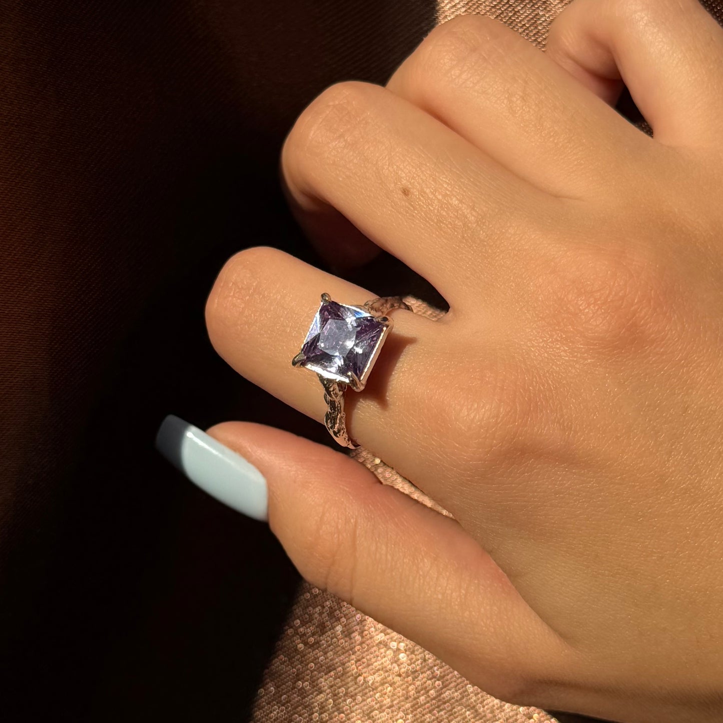 Handmade silver ring with square-cut cubic zirconia (different colors)