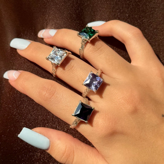 Handmade silver ring with square-cut cubic zirconia (different colors)