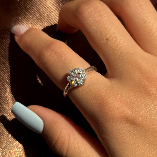Handmade silver flower ring with sparkling stones