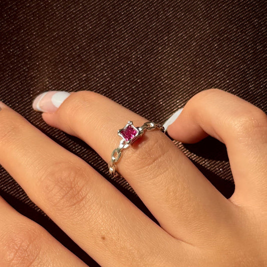 Handmade silver chain ring with cubic zirconia