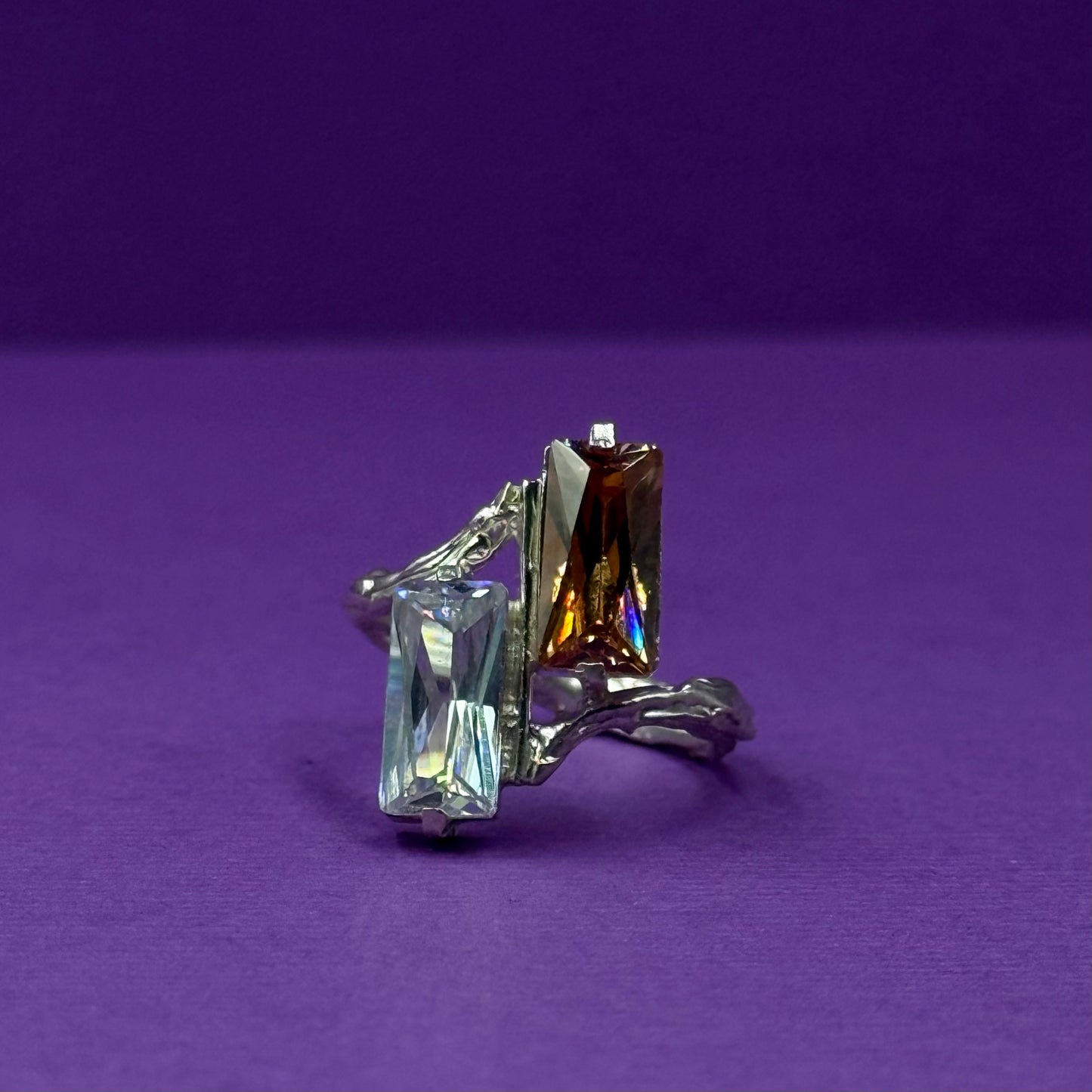Handmade silver ring with two baguette-cut cubic zirconia stones (different colors)