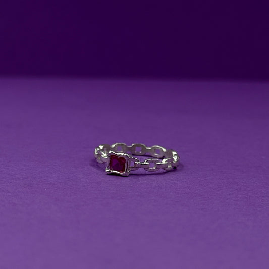 Handmade silver chain ring with cubic zirconia
